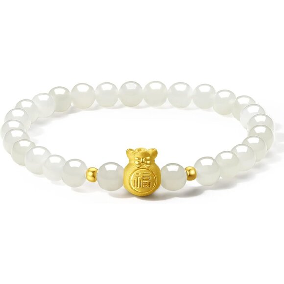 24K Solid Gold White Jade Bead Bracelet Pure Gold Lucky Fortune Bag Beaded Stret